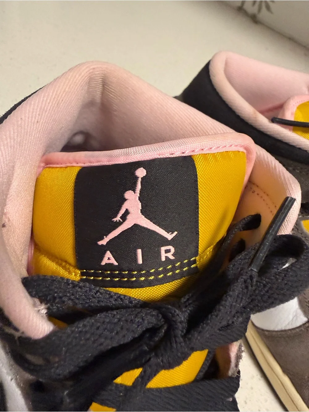 Jordan Mid Sneakers White Black Gray with Pink and Yellow Accents